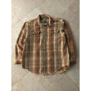 Gander Mountain Plaid Cotton Button-Up Flannel Shirt L Workwear Orange Beige